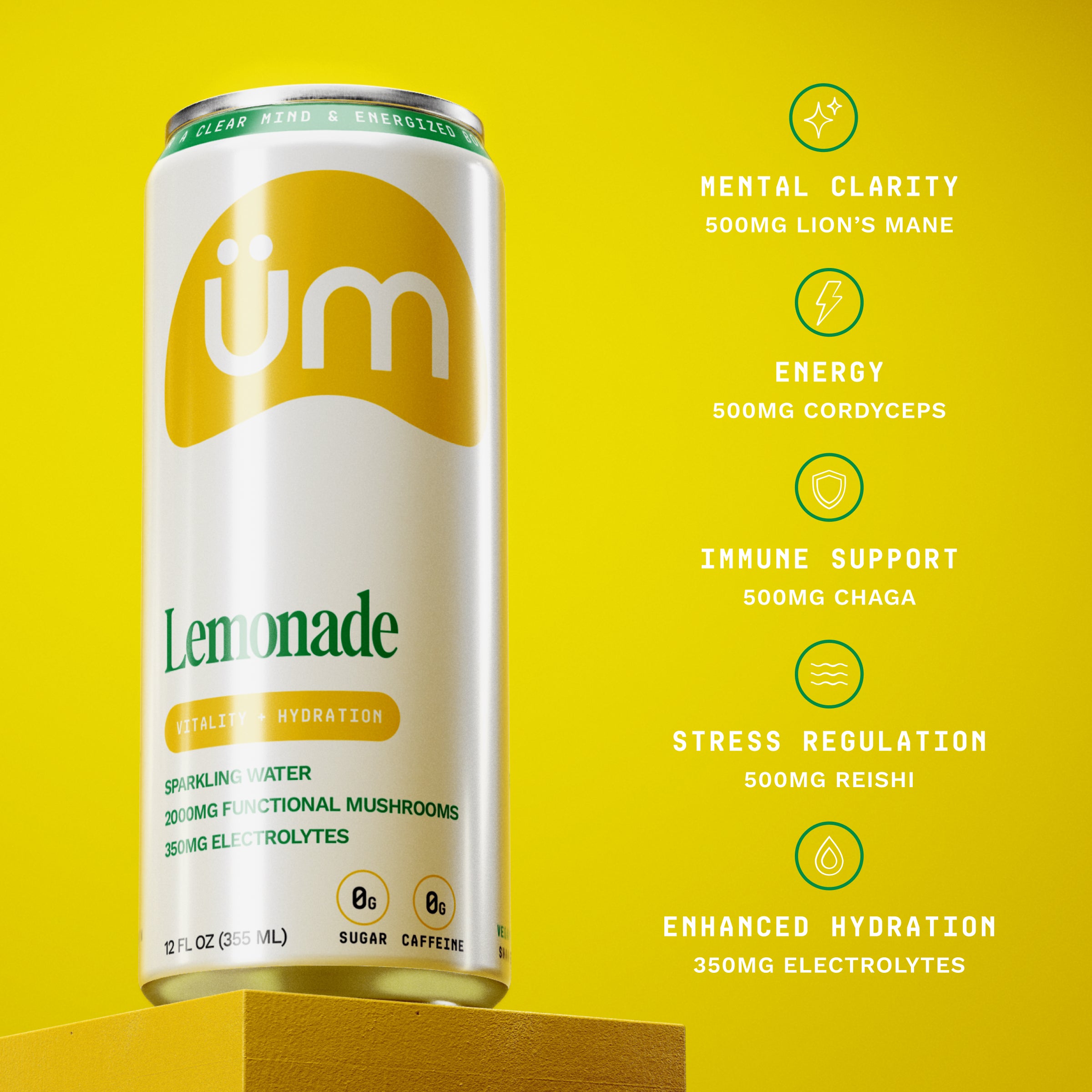 Can of üm Lemonade on yellow background highlighting benefits of Mental Clarity, Energy, Immune Support, Stress Regulation and Enhanced Hydration