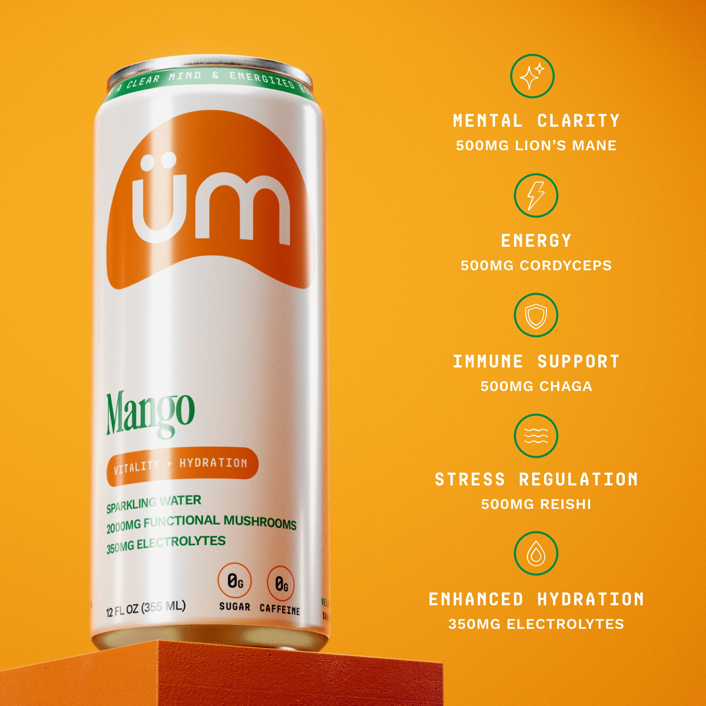 Can of üm Mango on Orange background highlighting benefits of Mental Clarity, Energy, Immune Support, Stress Regulation and Enhanced Hydration