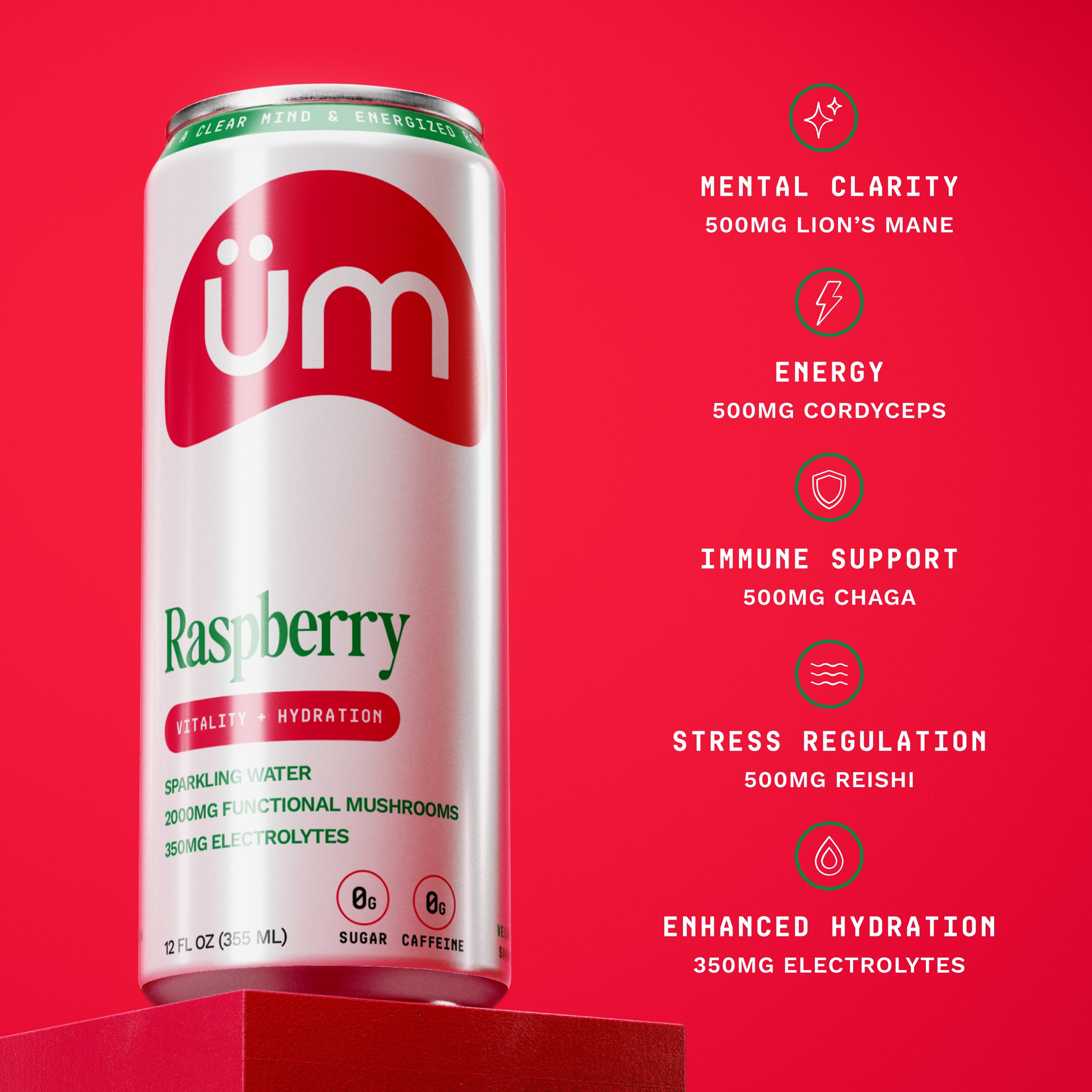 Can of üm Raspberry on red background highlighting benefits of Mental Clarity, Energy, Immune Support, Stress Regulation and Enhanced Hydration