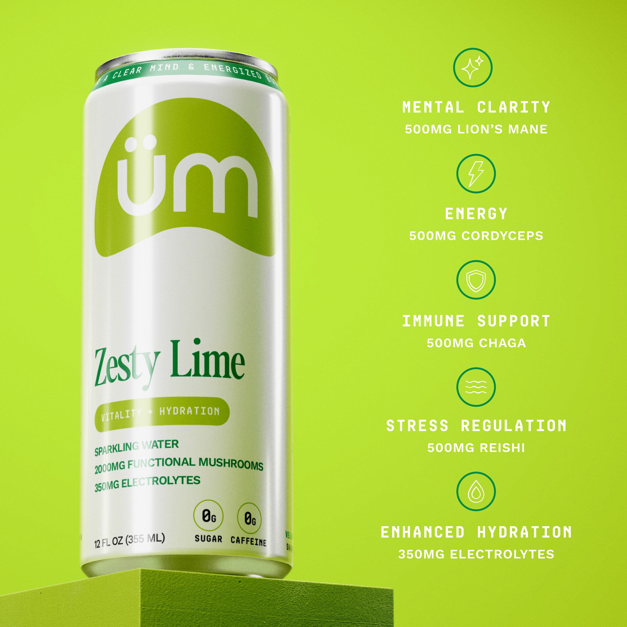 Can of üm Zesty Lime on Green background highlighting benefits of Mental Clarity, Energy, Immune Support, Stress Regulation and Enhanced Hydration
